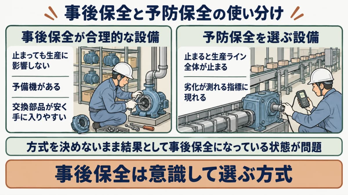 事後保全と予防保全の使い分けを示す図。設備が止まったときの影響、予備機や交換部品の入手性、劣化が測れる指標に現れるかから、どちらの方式が合理的かを対比する