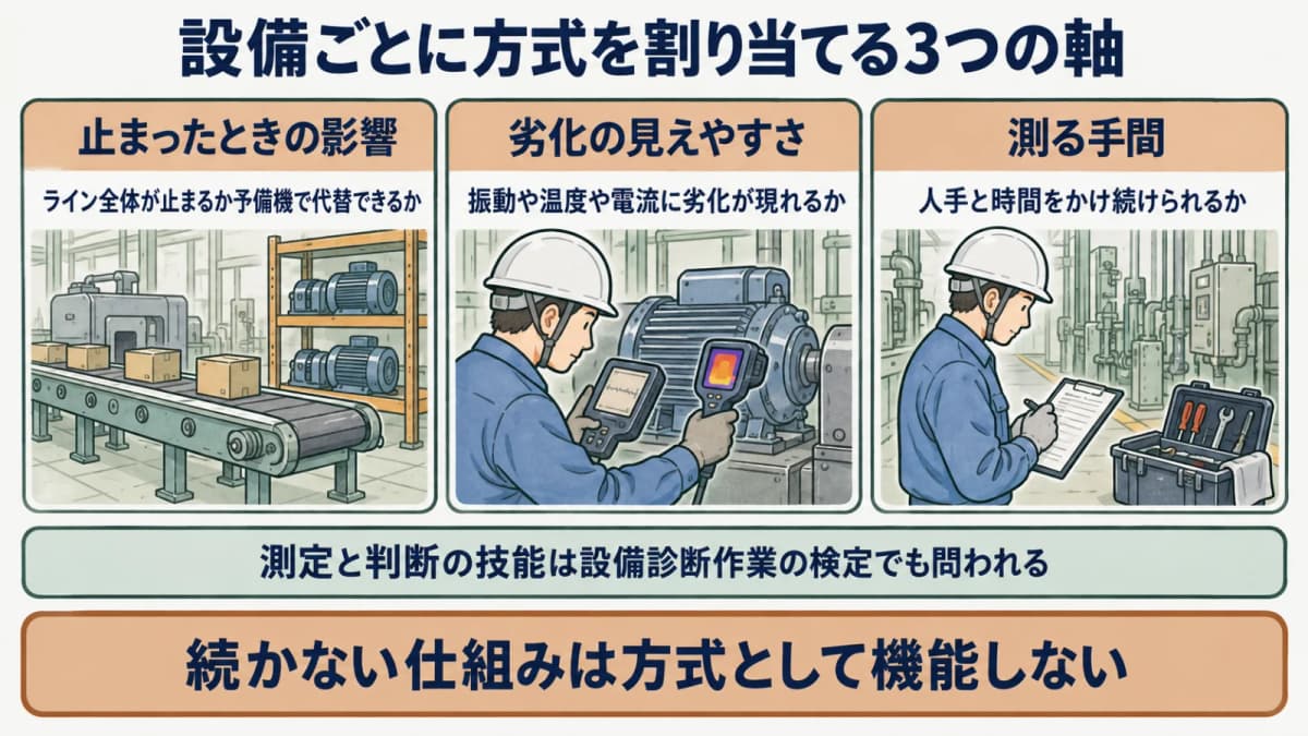 保全方式の判定マップ。停止時の影響、劣化の見えやすさ、測定の手間という3軸から設備ごとに方式を割り当てる判断フローを示す